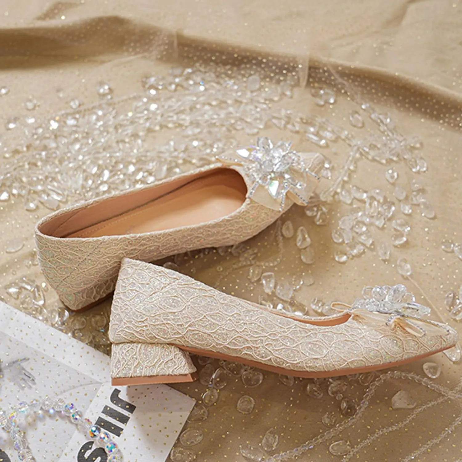Women's Pointed Toe Rhinestone Bow Silk Low Heel Pumps Luxurious Crystal Comfortable Block Heel Slip-On Wedding Formal Work Shoes