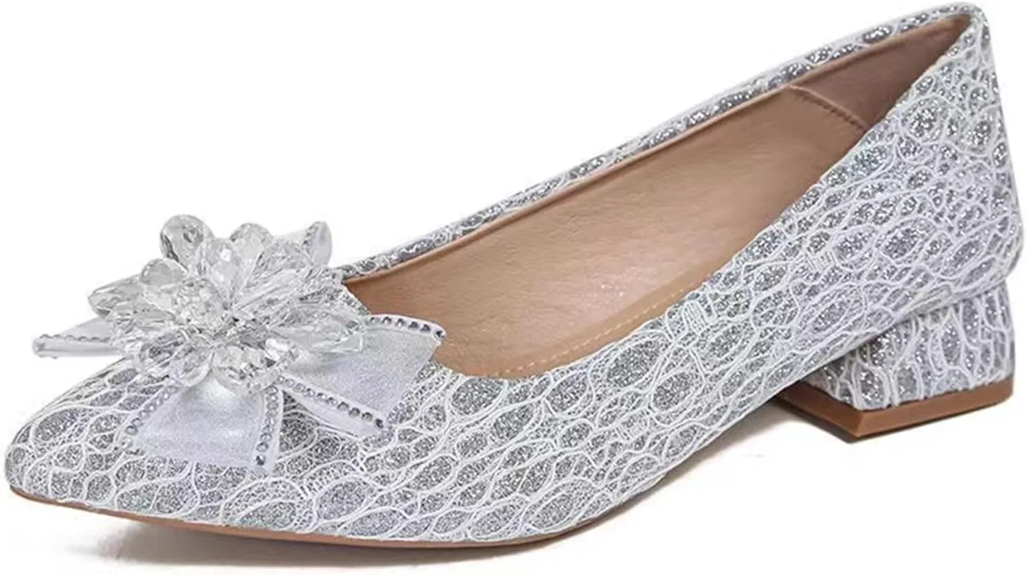 Women's Pointed Toe Rhinestone Bow Silk Low Heel Pumps Luxurious Crystal Comfortable Block Heel Slip-On Wedding Formal Work Shoes