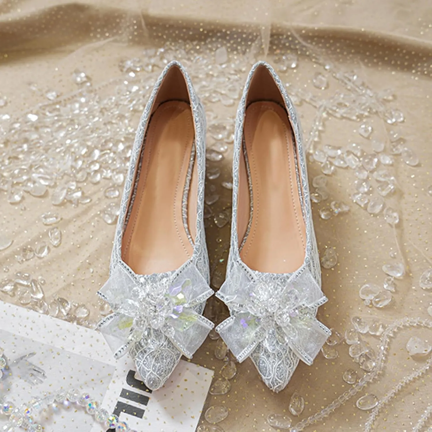 Women's Pointed Toe Rhinestone Bow Silk Low Heel Pumps Luxurious Crystal Comfortable Block Heel Slip-On Wedding Formal Work Shoes