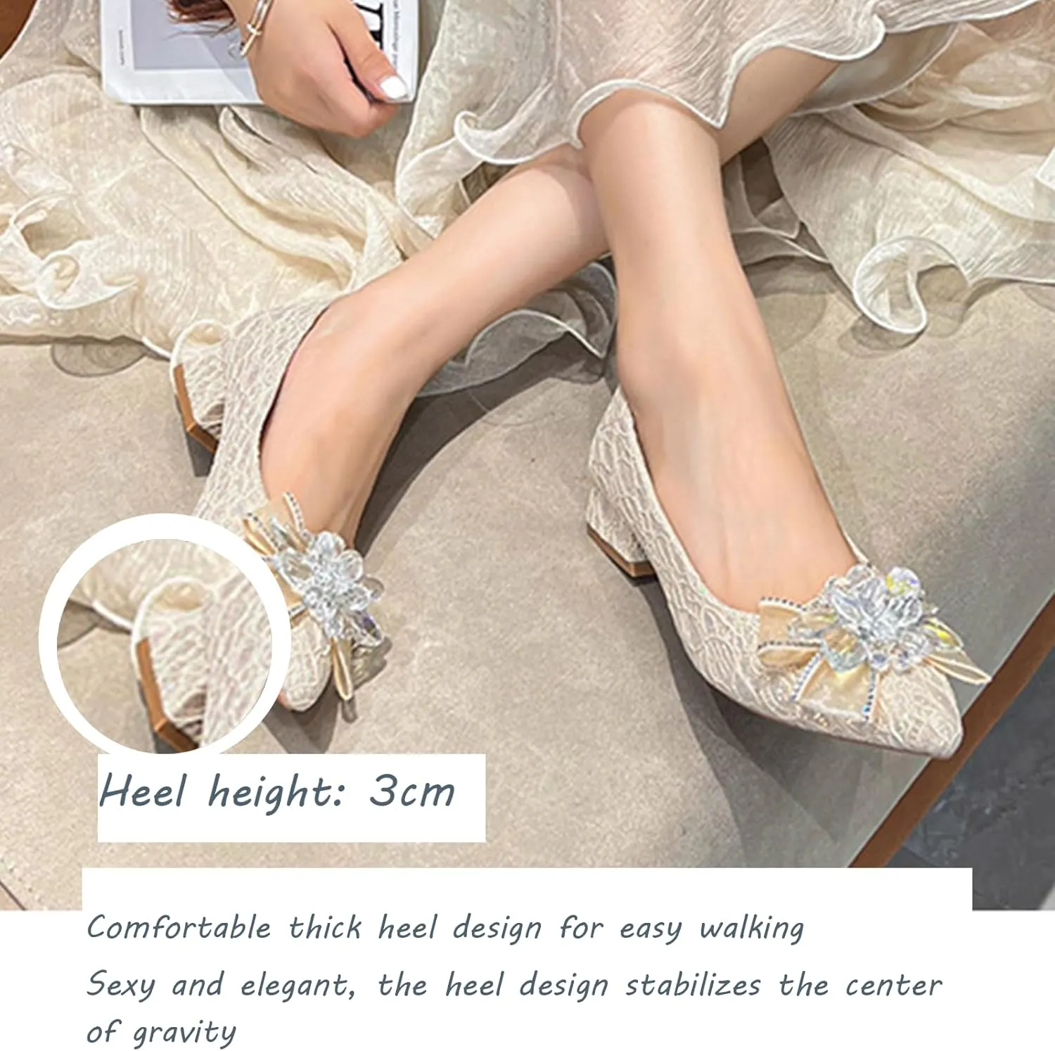 Women's Pointed Toe Rhinestone Bow Silk Low Heel Pumps Luxurious Crystal Comfortable Block Heel Slip-On Wedding Formal Work Shoes