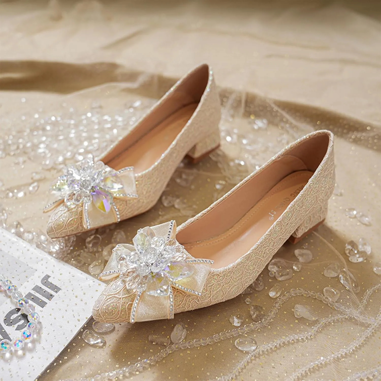 Women's Pointed Toe Rhinestone Bow Silk Low Heel Pumps Luxurious Crystal Comfortable Block Heel Slip-On Wedding Formal Work Shoes