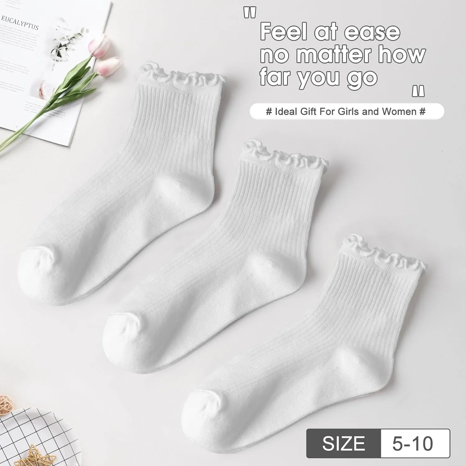 Womens Ruffle Ankle Socks Cute Lettuce Edge Crew Socks for Women 6-8 Pairs