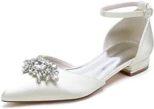 Women's Satin Ankle Strap Bridal Shoes Crystal Closed Pointed Toe Formal Prom Party Wedding Sandals Buckle Banquet Shoes