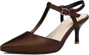 Women's Satin T-Strap Slingback Stilettos Pumps Sexy Closed Pointed Toe Ankle Strap High Heel Business Dress Shoes