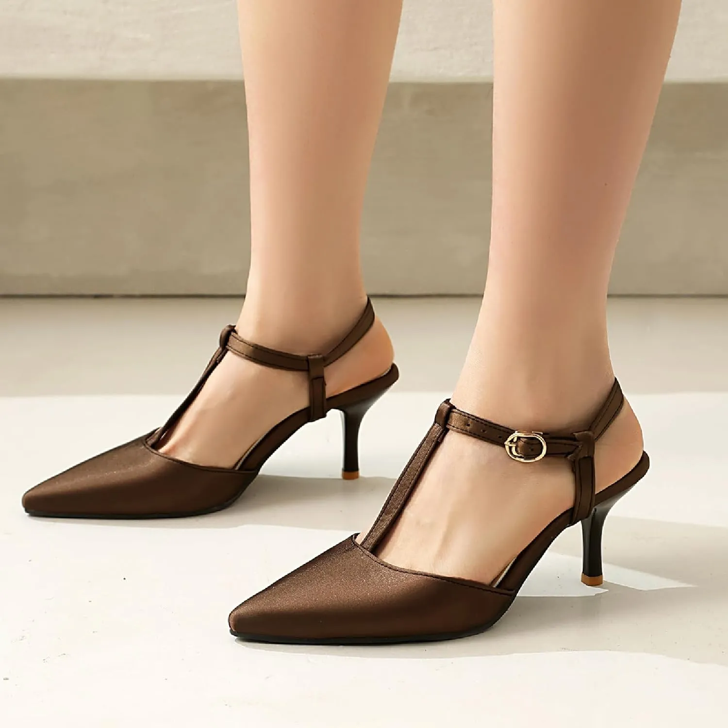 Women's Satin T-Strap Slingback Stilettos Pumps Sexy Closed Pointed Toe Ankle Strap High Heel Business Dress Shoes