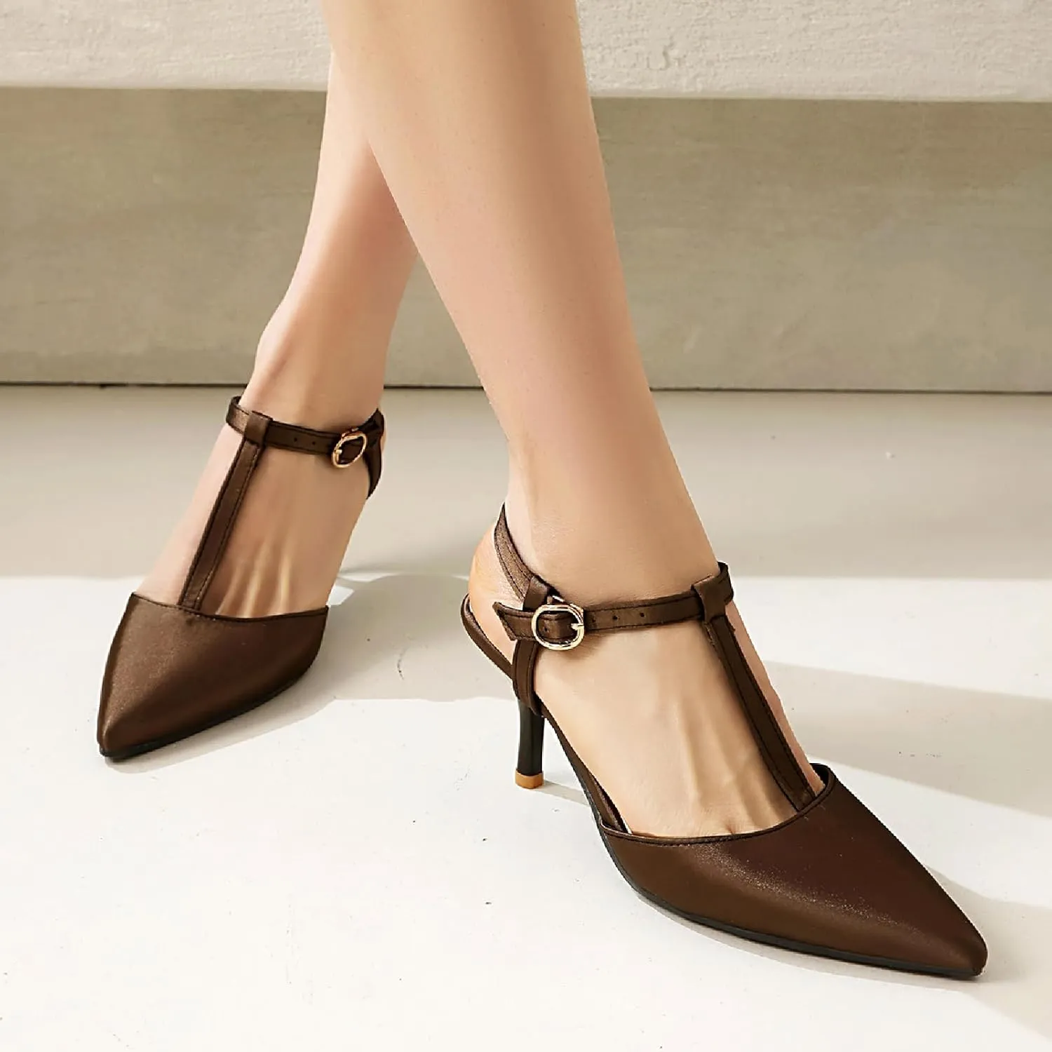 Women's Satin T-Strap Slingback Stilettos Pumps Sexy Closed Pointed Toe Ankle Strap High Heel Business Dress Shoes