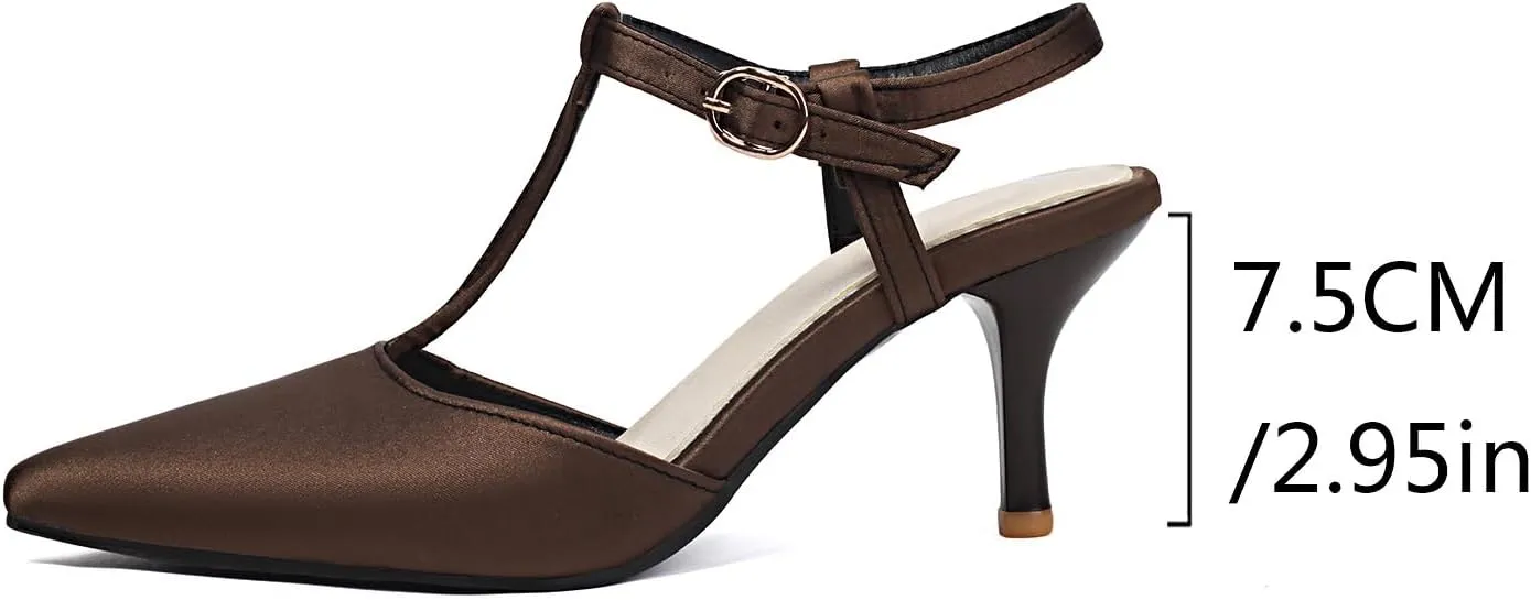 Women's Satin T-Strap Slingback Stilettos Pumps Sexy Closed Pointed Toe Ankle Strap High Heel Business Dress Shoes