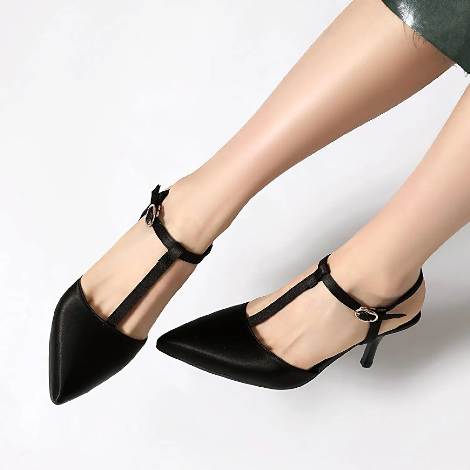 Women's Satin T-Strap Slingback Stilettos Pumps Sexy Closed Pointed Toe Ankle Strap High Heel Business Dress Shoes