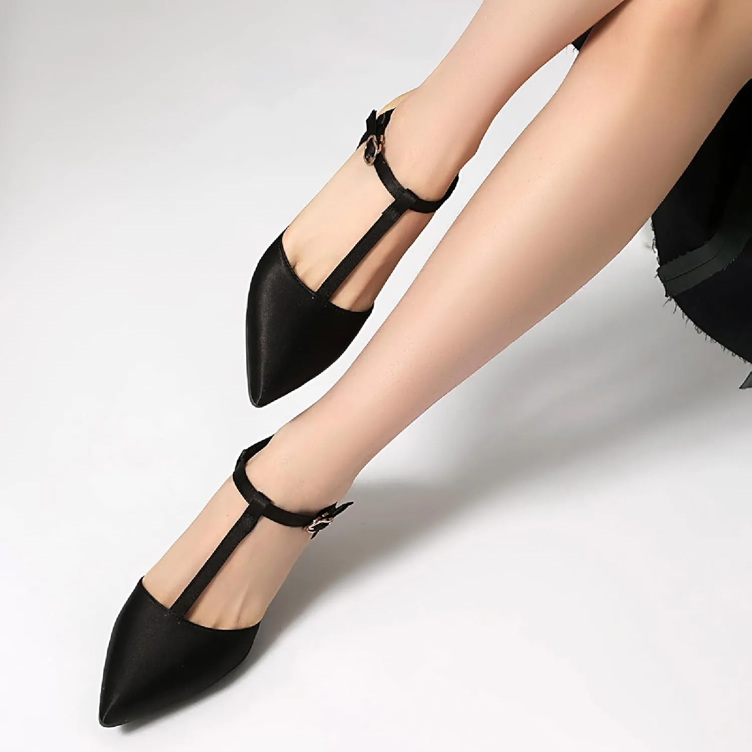 Women's Satin T-Strap Slingback Stilettos Pumps Sexy Closed Pointed Toe Ankle Strap High Heel Business Dress Shoes