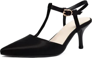 Women's Satin T-Strap Slingback Stilettos Pumps Sexy Closed Pointed Toe Ankle Strap High Heel Business Dress Shoes