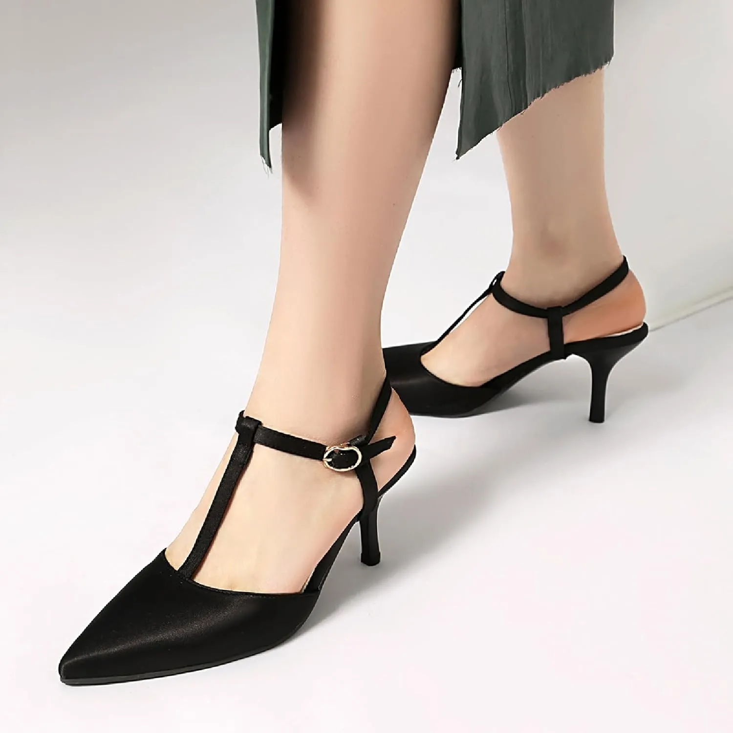 Women's Satin T-Strap Slingback Stilettos Pumps Sexy Closed Pointed Toe Ankle Strap High Heel Business Dress Shoes