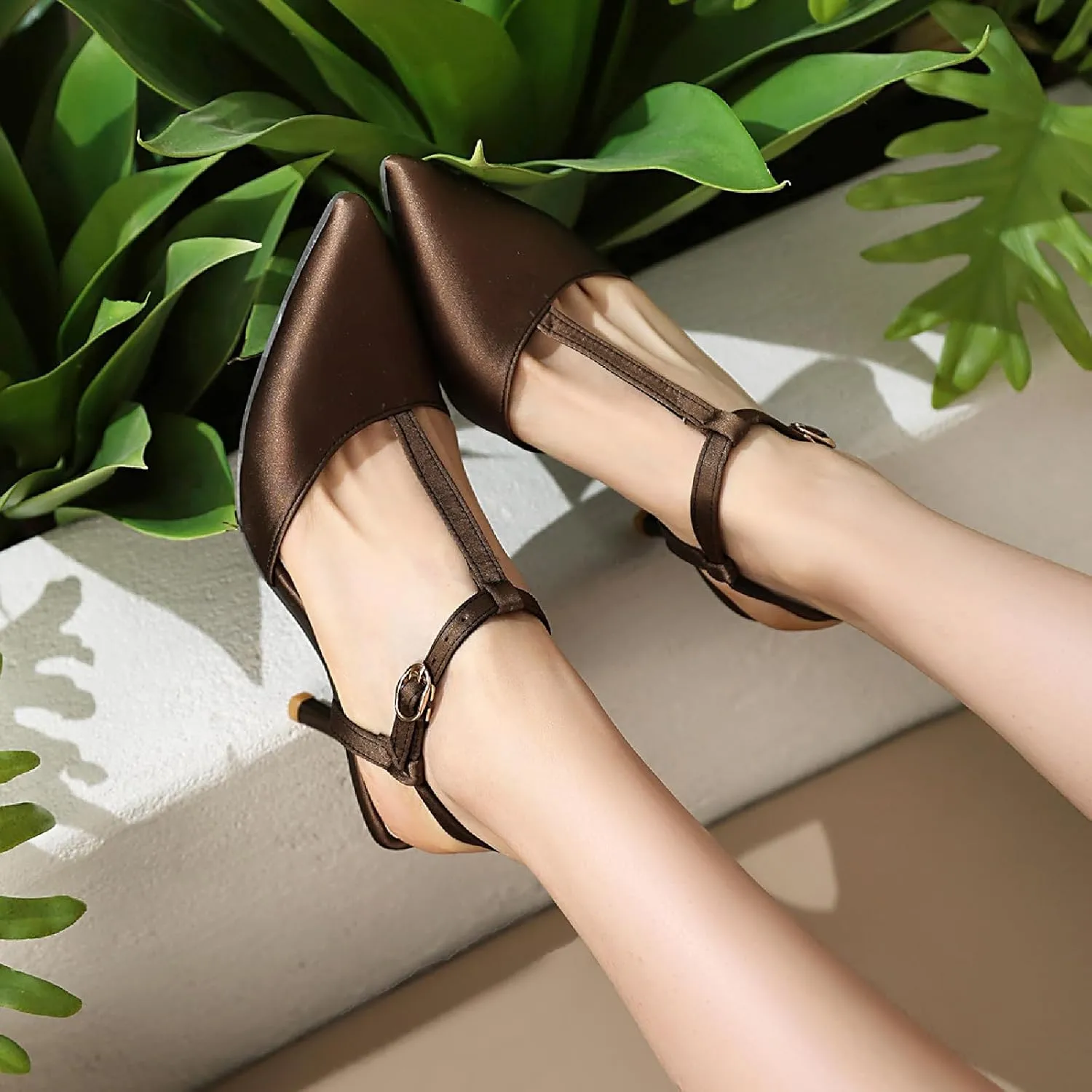 Women's Satin T-Strap Slingback Stilettos Pumps Sexy Closed Pointed Toe Ankle Strap High Heel Business Dress Shoes