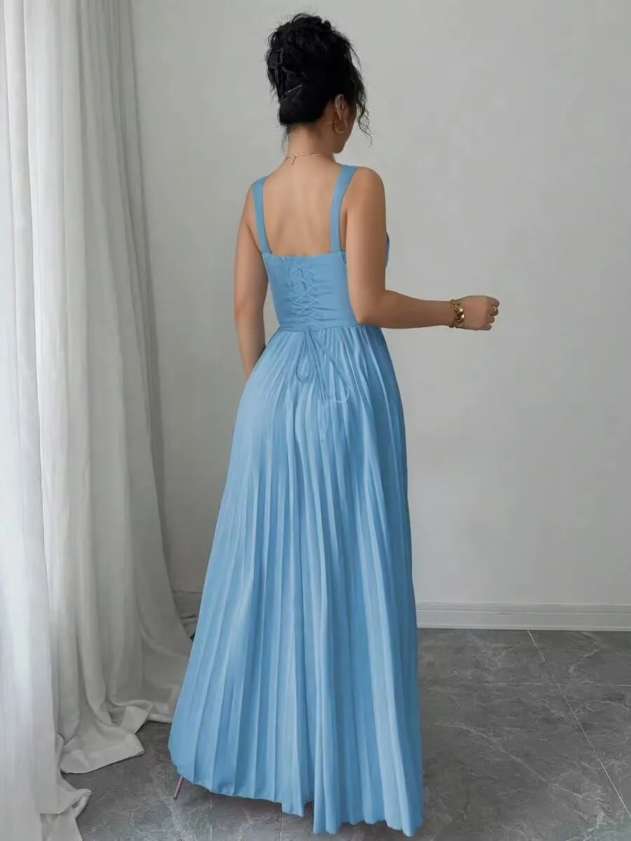 Women's Spaghetti Straps Bridesmaid Dresses 2025 Asymmetrical Drop Waist Pleated Formal Evening Dress DE499