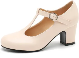 Women's T Strap Mary Jane Chunky Heel Low Block Pumps Round Toe Dress Office Work Shoes