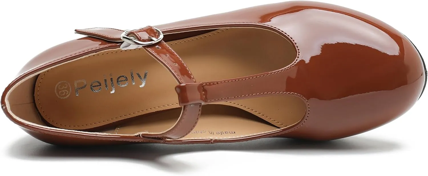 Women's T Strap Mary Jane Chunky Heel Low Block Pumps Round Toe Dress Office Work Shoes