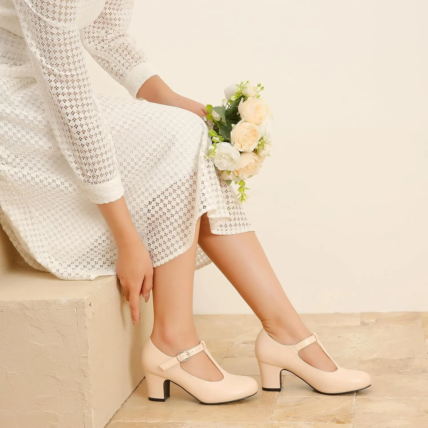 Women's T Strap Mary Jane Chunky Heel Low Block Pumps Round Toe Dress Office Work Shoes
