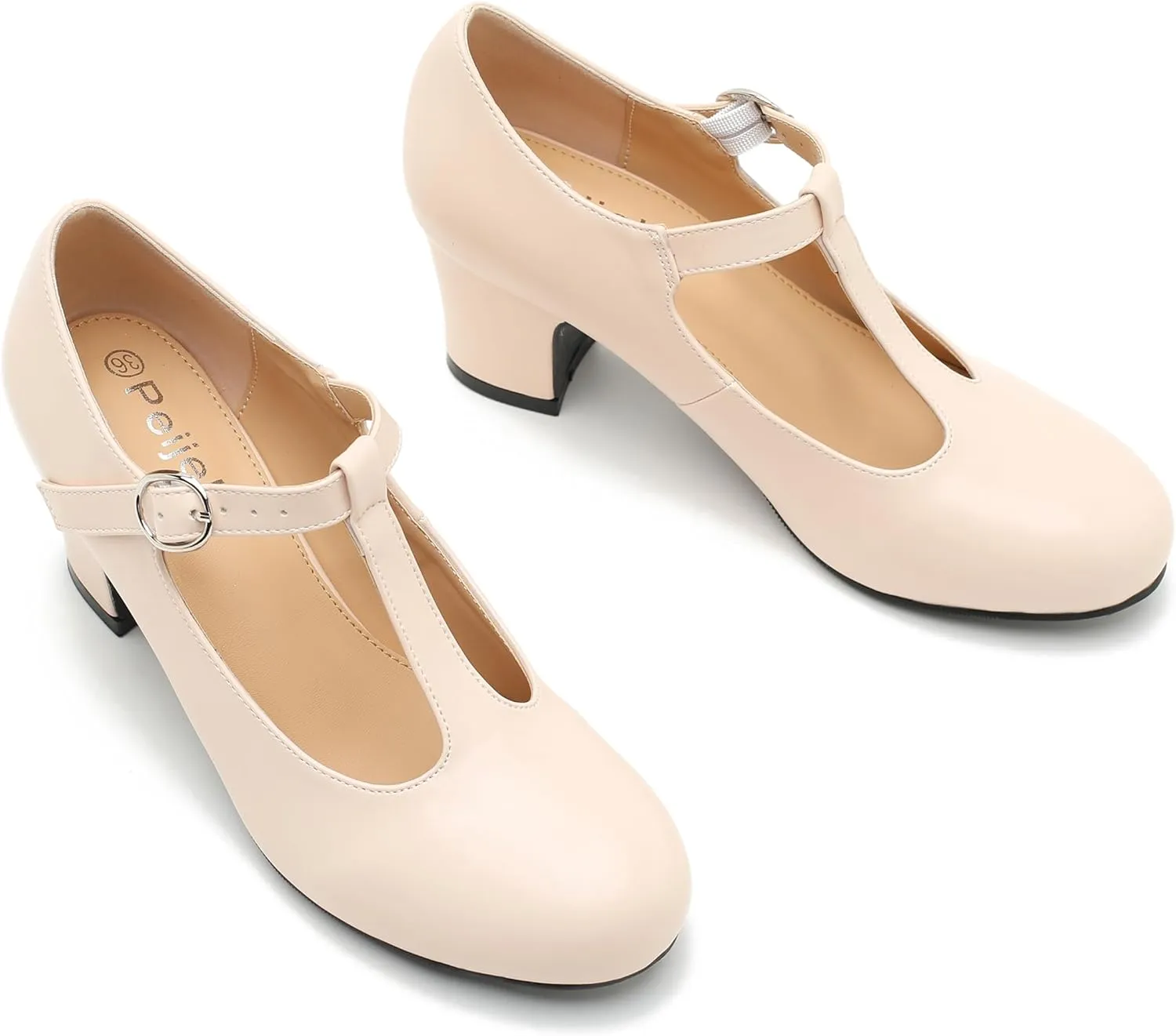 Women's T Strap Mary Jane Chunky Heel Low Block Pumps Round Toe Dress Office Work Shoes