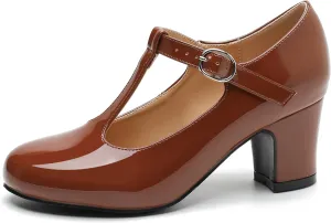 Women's T Strap Mary Jane Chunky Heel Low Block Pumps Round Toe Dress Office Work Shoes