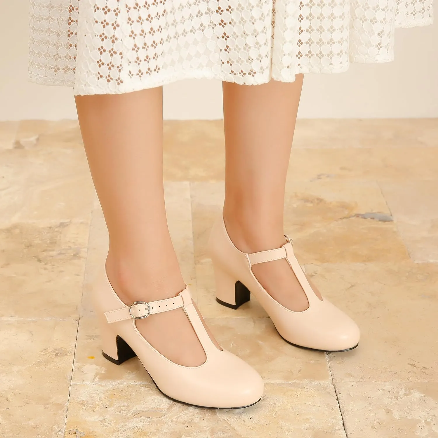Women's T Strap Mary Jane Chunky Heel Low Block Pumps Round Toe Dress Office Work Shoes