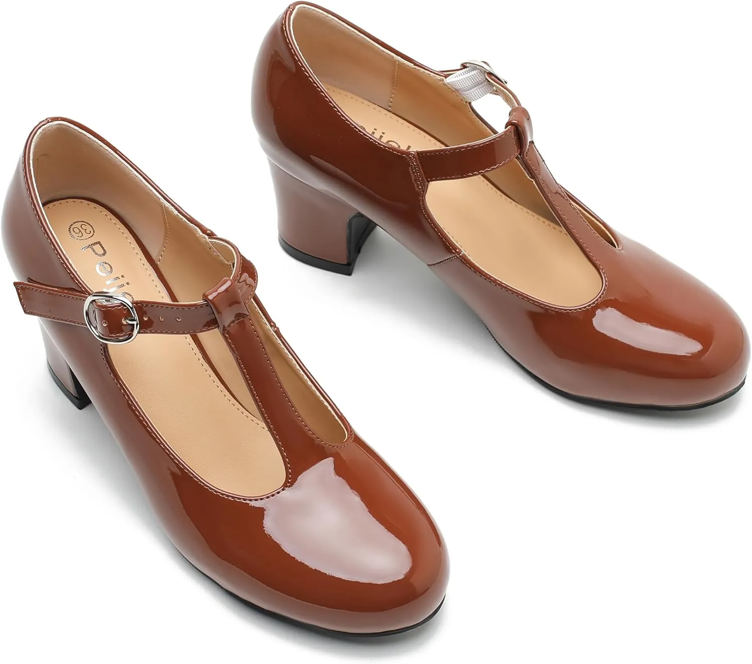 Women's T Strap Mary Jane Chunky Heel Low Block Pumps Round Toe Dress Office Work Shoes