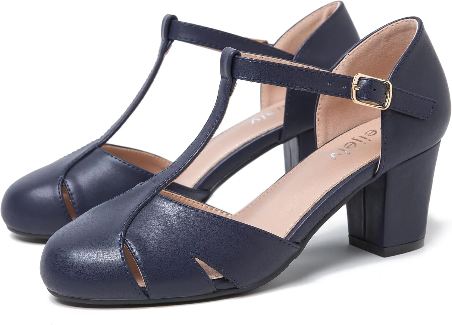 Womens T Strap Mary Jane Shoes Chunky Block Heel Cut Out Ankle Strap Buckle Dress Dance Pumps