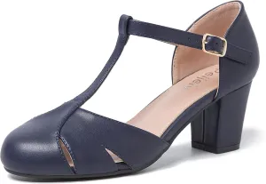Womens T Strap Mary Jane Shoes Chunky Block Heel Cut Out Ankle Strap Buckle Dress Dance Pumps