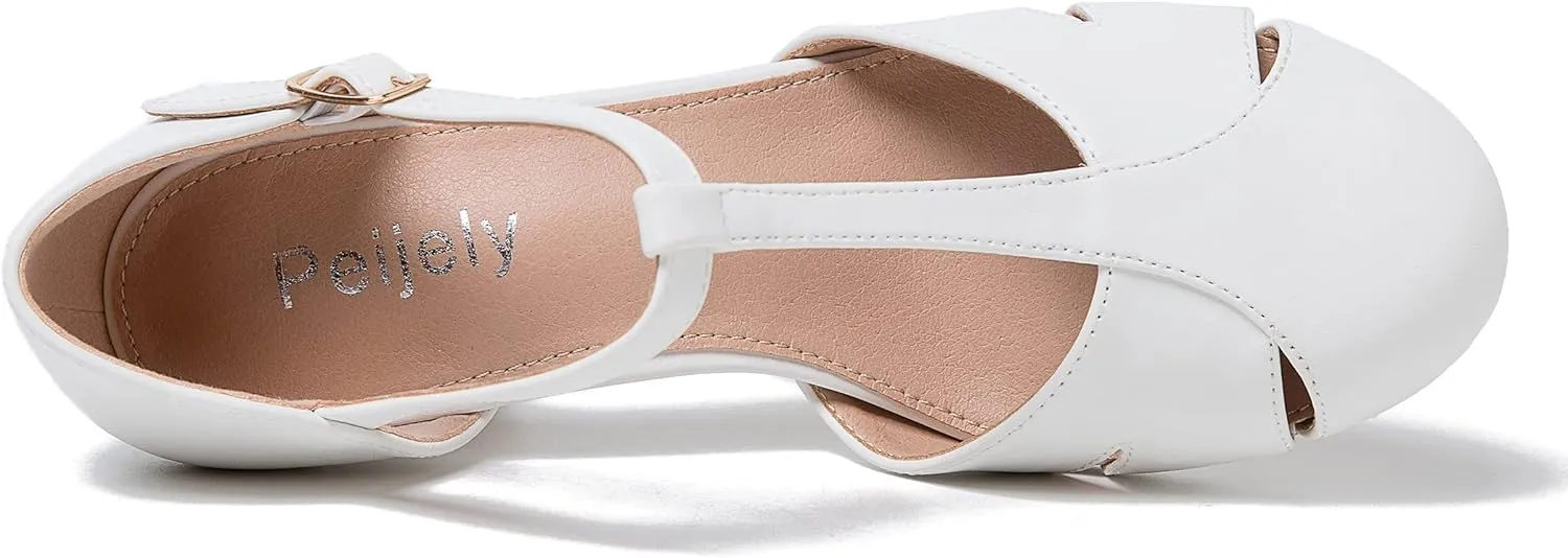 Womens T Strap Mary Jane Shoes Chunky Block Heel Cut Out Ankle Strap Buckle Dress Dance Pumps