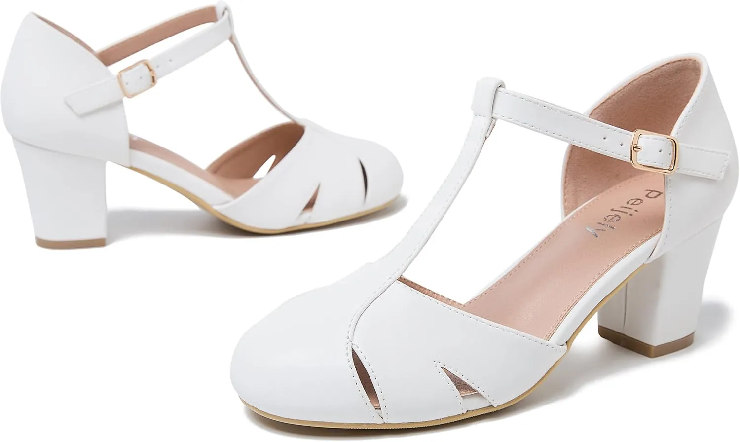 Womens T Strap Mary Jane Shoes Chunky Block Heel Cut Out Ankle Strap Buckle Dress Dance Pumps