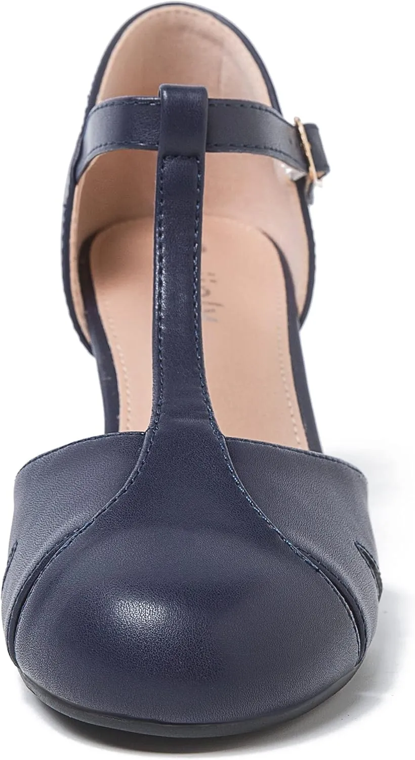 Womens T Strap Mary Jane Shoes Chunky Block Heel Cut Out Ankle Strap Buckle Dress Dance Pumps