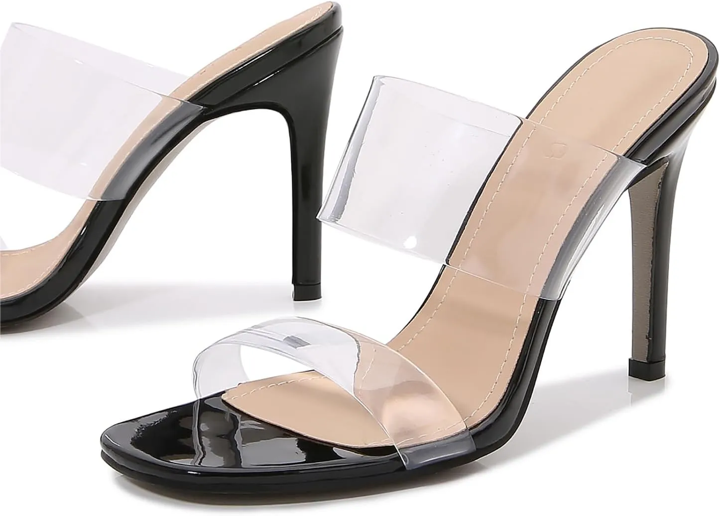 Women's Transparent Stiletto Heeled Sandals Fashion Pointed Toe Transparent Strap Slip On High Heel Mules for Parties Prom Dress Pumps