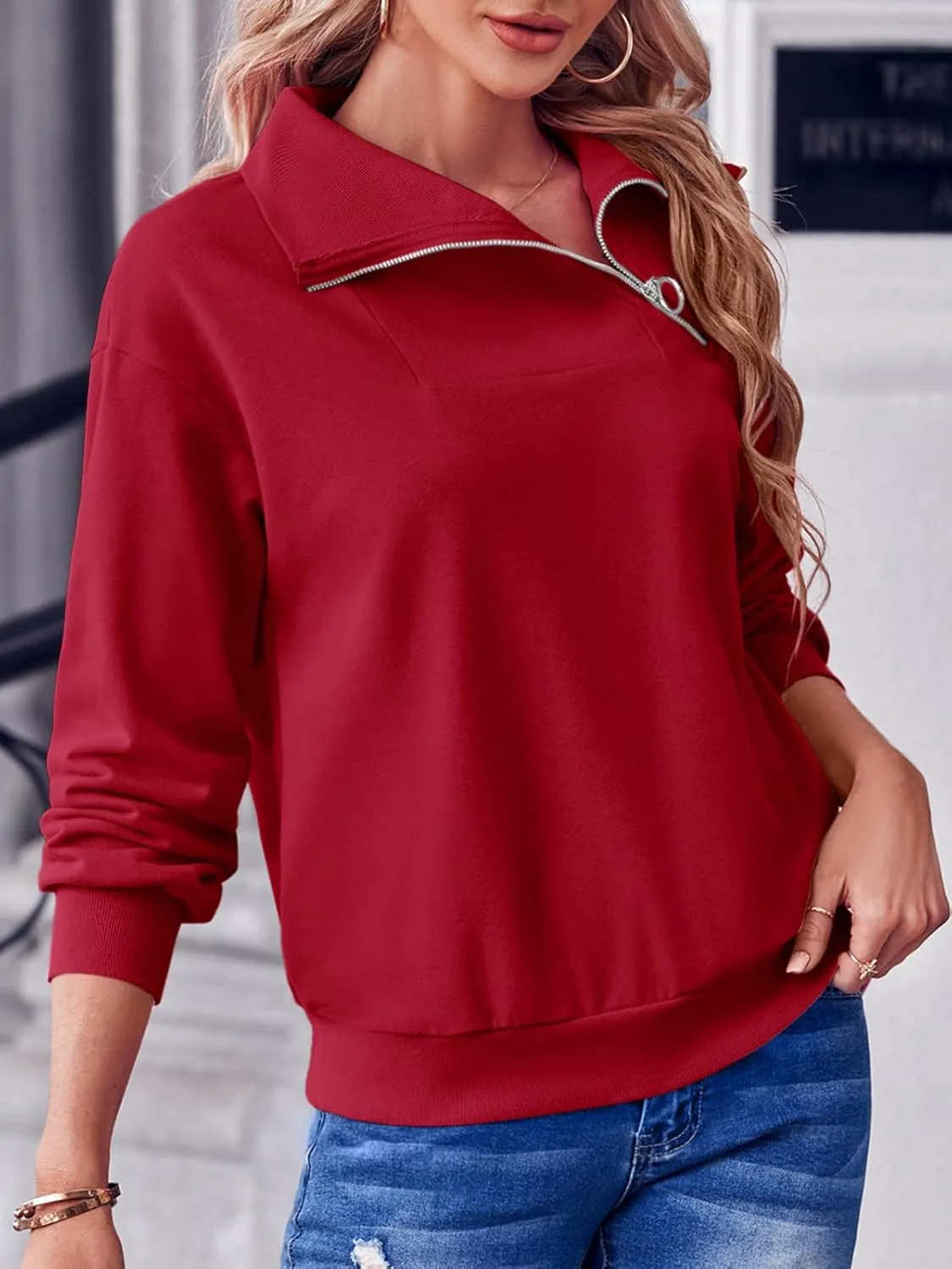 Womens Zipper Sweatshirt Turtleneck Long Sleeve Pullover Casual Loose Sweatshirts Top T Shirts