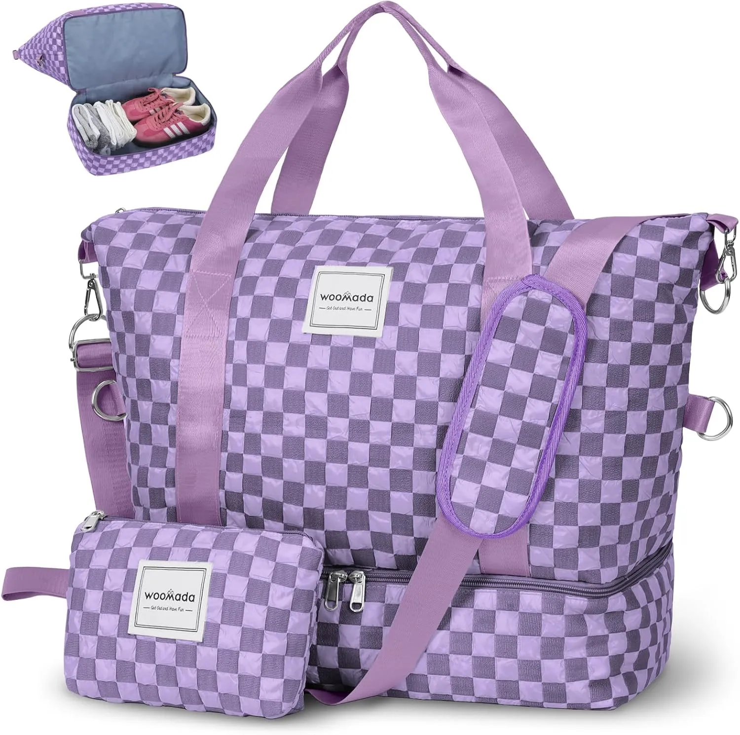WOOMADA Weekender Bag for Women Travel, Overnight Bag with Shoe Compartment,Personal Item Travel Bag with Toiletry Bag(lavender checkerboard)
