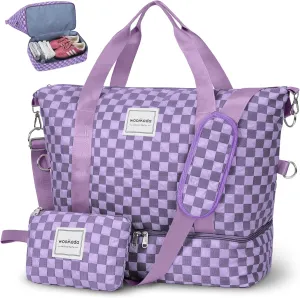 WOOMADA Weekender Bag for Women Travel, Overnight Bag with Shoe Compartment,Personal Item Travel Bag with Toiletry Bag(lavender checkerboard)