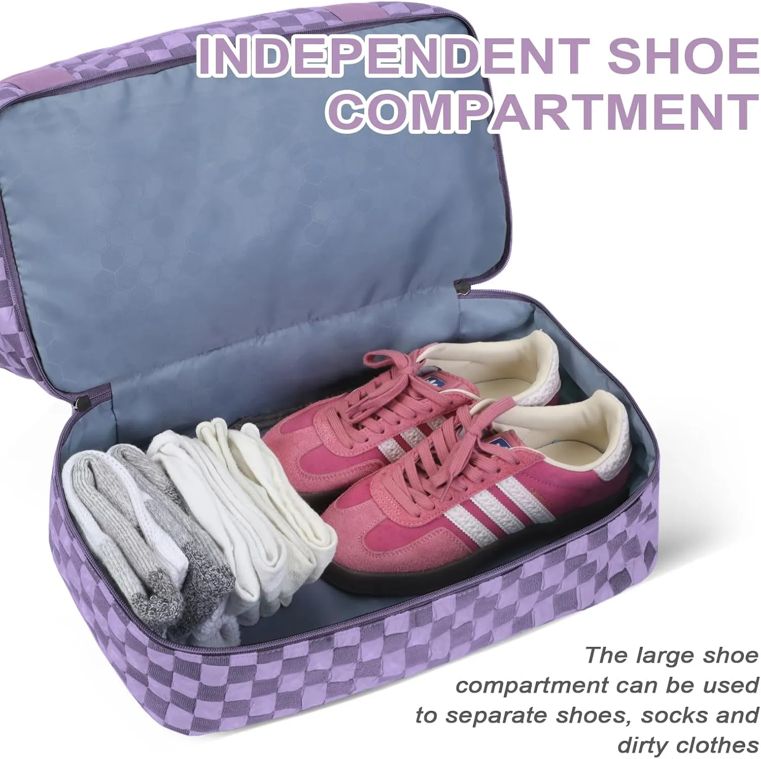 WOOMADA Weekender Bag for Women Travel, Overnight Bag with Shoe Compartment,Personal Item Travel Bag with Toiletry Bag(lavender checkerboard)