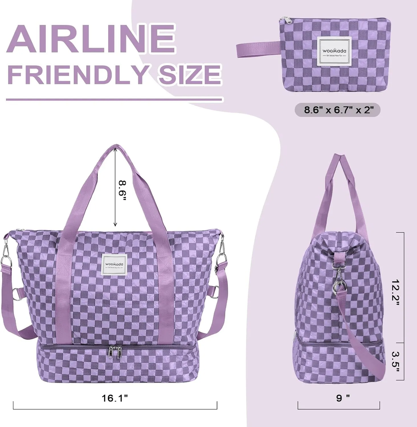 WOOMADA Weekender Bag for Women Travel, Overnight Bag with Shoe Compartment,Personal Item Travel Bag with Toiletry Bag(lavender checkerboard)