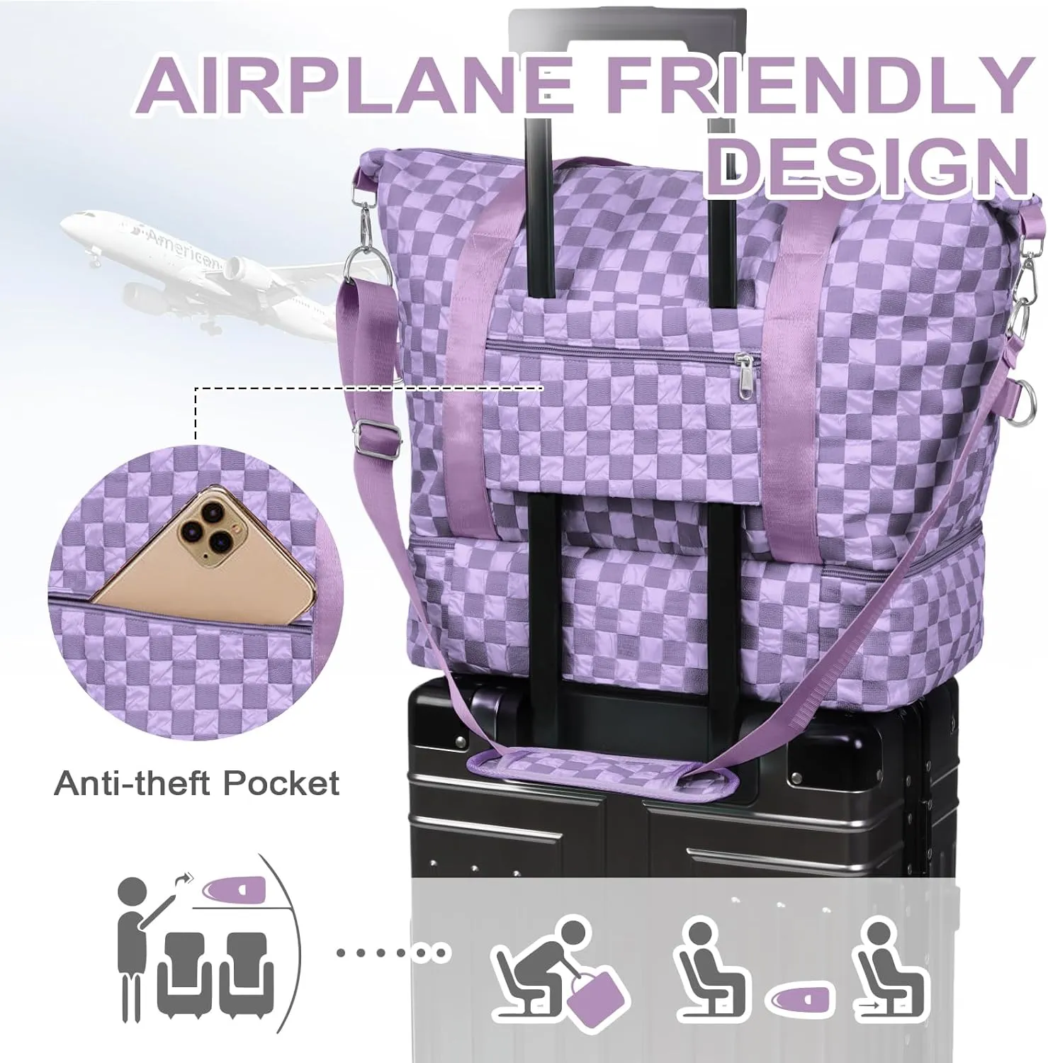 WOOMADA Weekender Bag for Women Travel, Overnight Bag with Shoe Compartment,Personal Item Travel Bag with Toiletry Bag(lavender checkerboard)