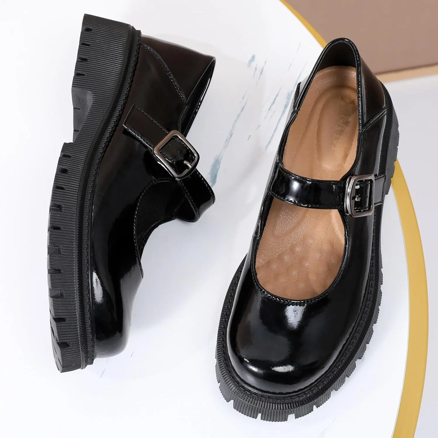 XMM Mary Jane Shoes Platform Chunky Mary Janes for Women Ladies Comfort Leather Round Toe Non-Slip Dressy Casual Cute Girls School Work Shoes
