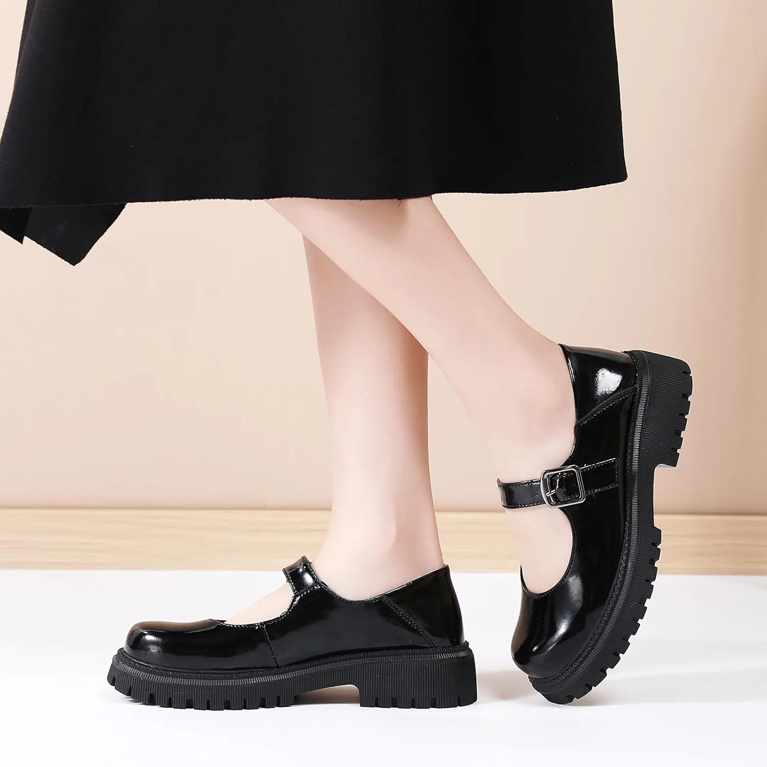 XMM Mary Jane Shoes Platform Chunky Mary Janes for Women Ladies Comfort Leather Round Toe Non-Slip Dressy Casual Cute Girls School Work Shoes