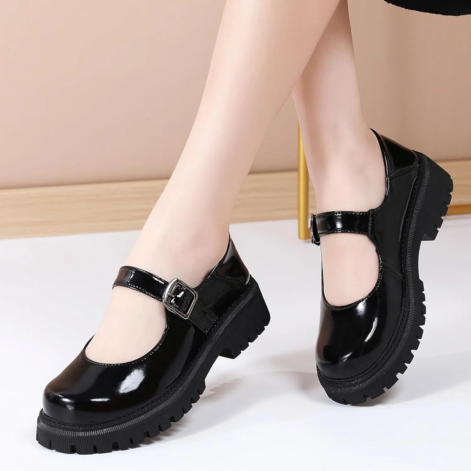 XMM Mary Jane Shoes Platform Chunky Mary Janes for Women Ladies Comfort Leather Round Toe Non-Slip Dressy Casual Cute Girls School Work Shoes