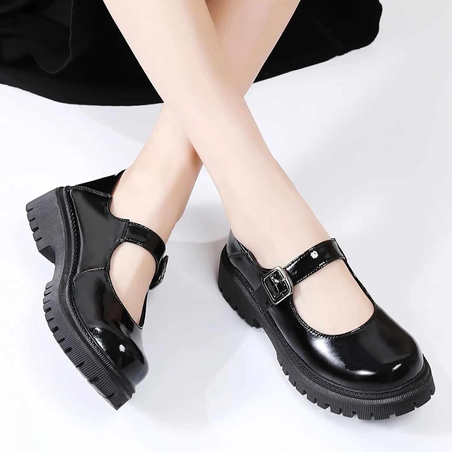 XMM Mary Jane Shoes Platform Chunky Mary Janes for Women Ladies Comfort Leather Round Toe Non-Slip Dressy Casual Cute Girls School Work Shoes