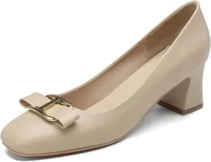 Yawors Womens DC684 Closed Toe Metal Buckles Bow Lambskin Low Chunky Pumps