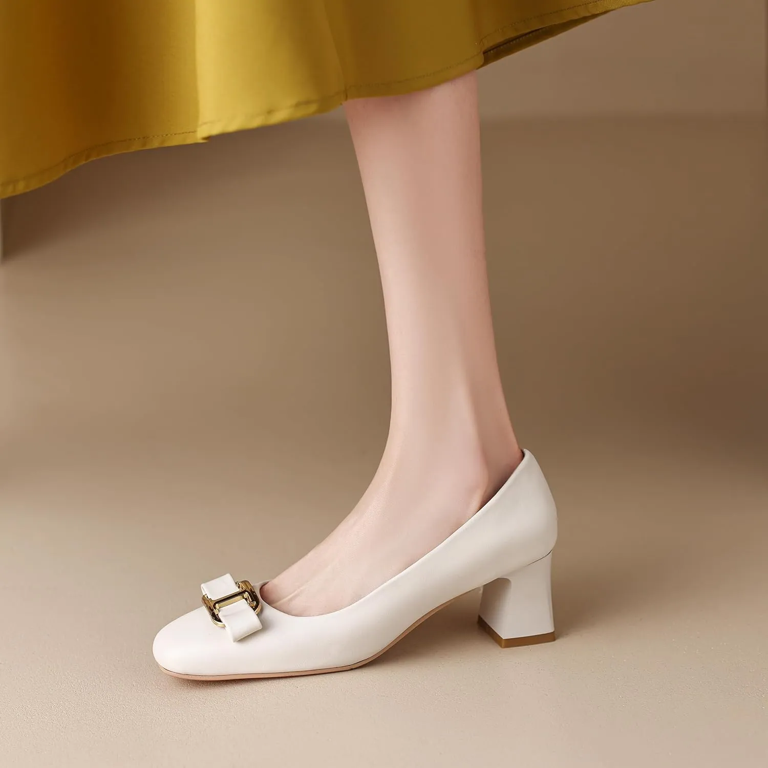 Yawors Womens DC684 Closed Toe Metal Buckles Bow Lambskin Low Chunky Pumps