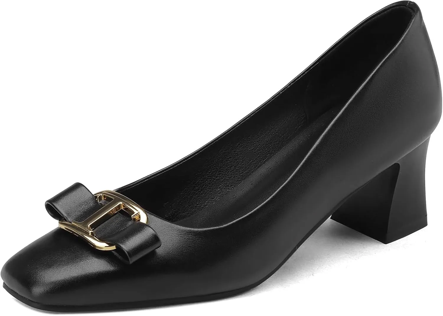 Yawors Womens DC684 Closed Toe Metal Buckles Bow Lambskin Low Chunky Pumps