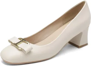 Yawors Womens DC684 Closed Toe Metal Buckles Bow Lambskin Low Chunky Pumps