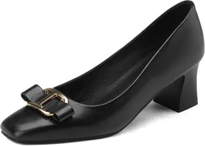Yawors Womens DC684 Closed Toe Metal Buckles Bow Lambskin Low Chunky Pumps