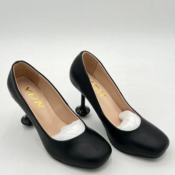 YDN Black Classic Pumps Square Toe Slip On Chunky High Heel Shoes Working Prom