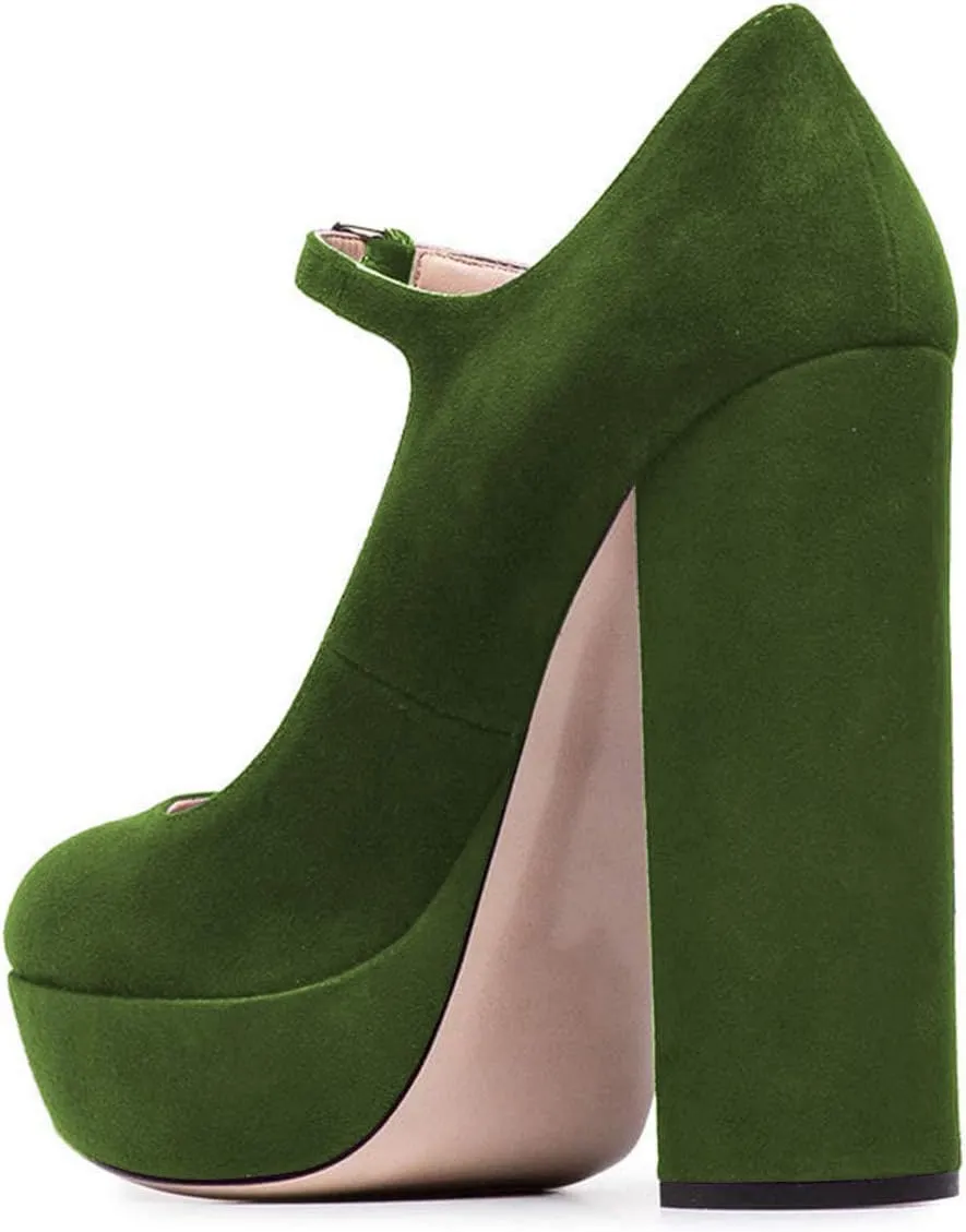 YDN Women Chunky High Heel Mary Jane Closed Almond Toe Pumps Platform Straps Dress Prom Shoe with Buckle