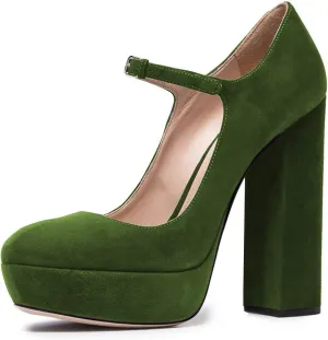 YDN Women Chunky High Heel Mary Jane Closed Almond Toe Pumps Platform Straps Dress Prom Shoe with Buckle