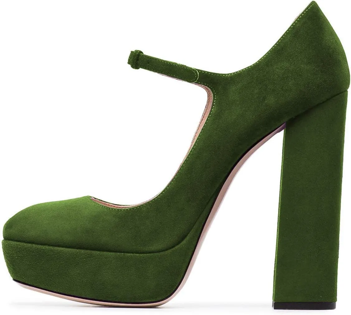 YDN Women Chunky High Heel Mary Jane Closed Almond Toe Pumps Platform Straps Dress Prom Shoe with Buckle